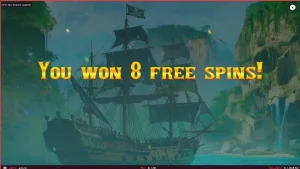 Tampilan visual slot Sea Treasures Legend dengan tema bajak laut dan kapal di laut lepas.