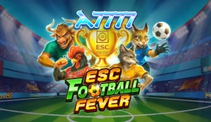 Interface do slot ESC Football Fever com elementos de estádio e símbolos de futebol.